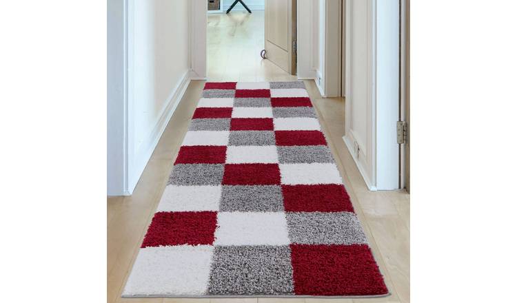 The Rugs Red Myshaggy Checkered Shaggy Runner Rug - 80 x 300cm
