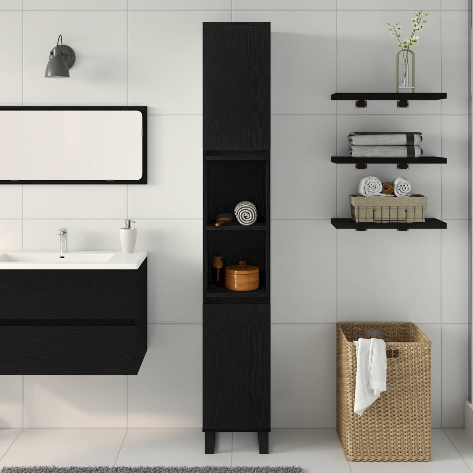 Walplus Engineered Wood Bathroom Cabinet - Black Oak - 30 x 30 x 190 cm - Image 4