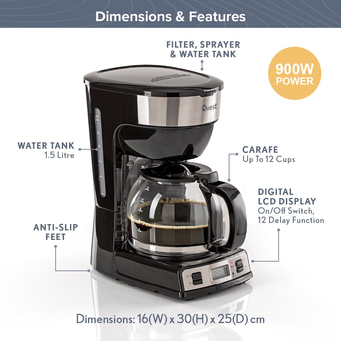 Quest Digital Coffee Machine With 1.5L Jug  900W - Black - Image 2