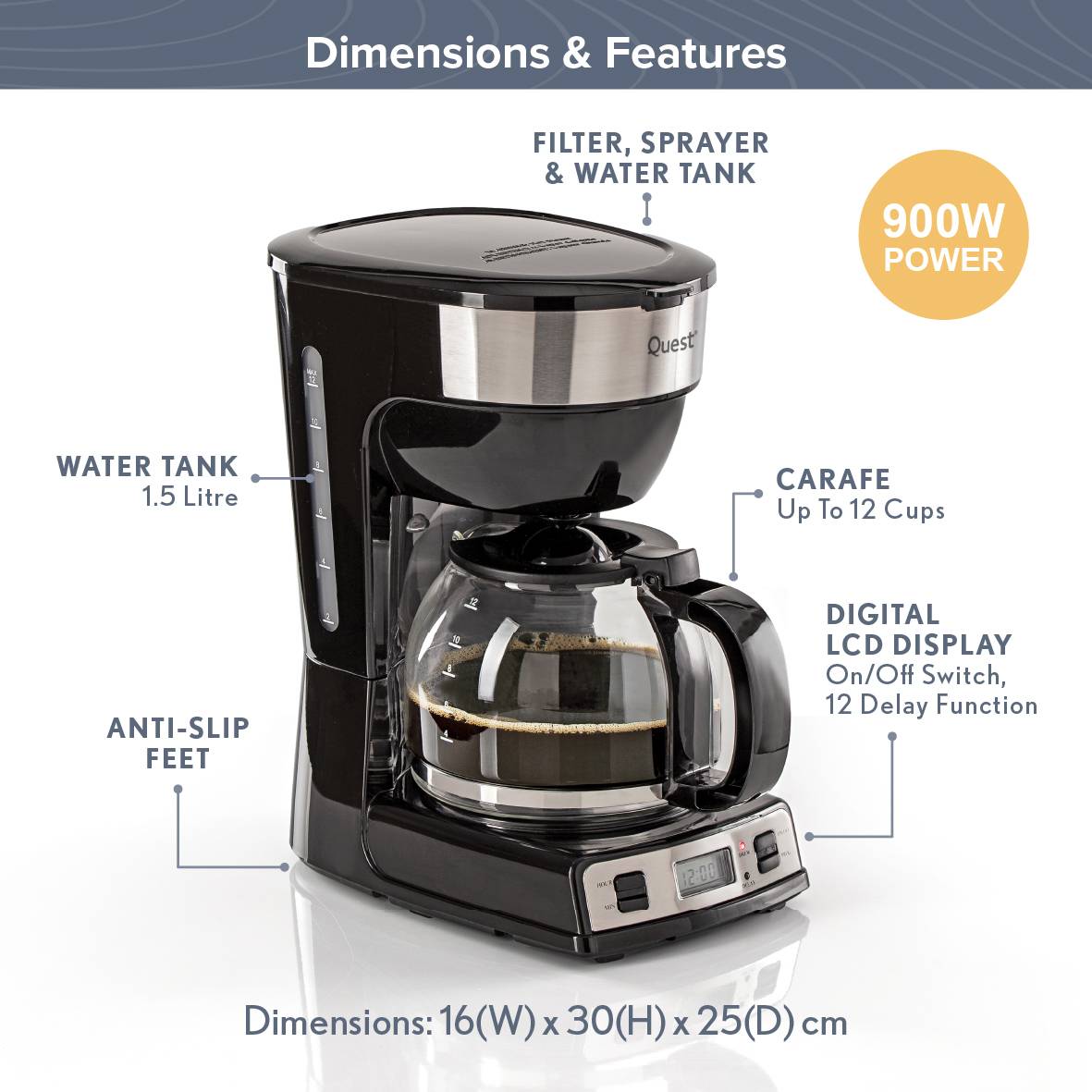 Quest Digital Coffee Machine With 1.5L Jug  900W - Black - Image 2