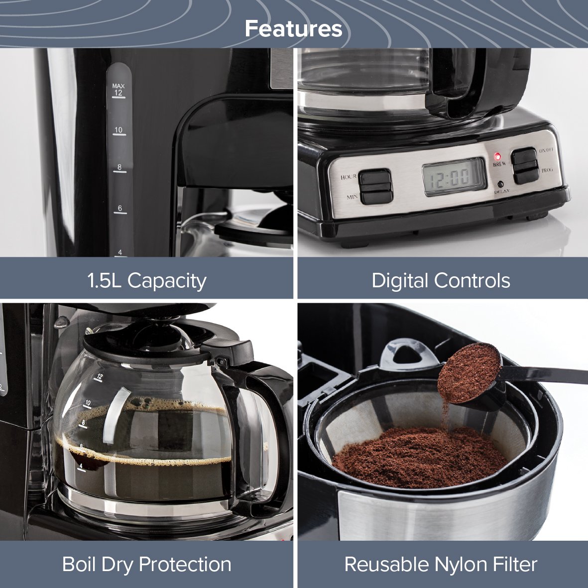 Quest Digital Coffee Machine With 1.5L Jug  900W - Black - Image 3
