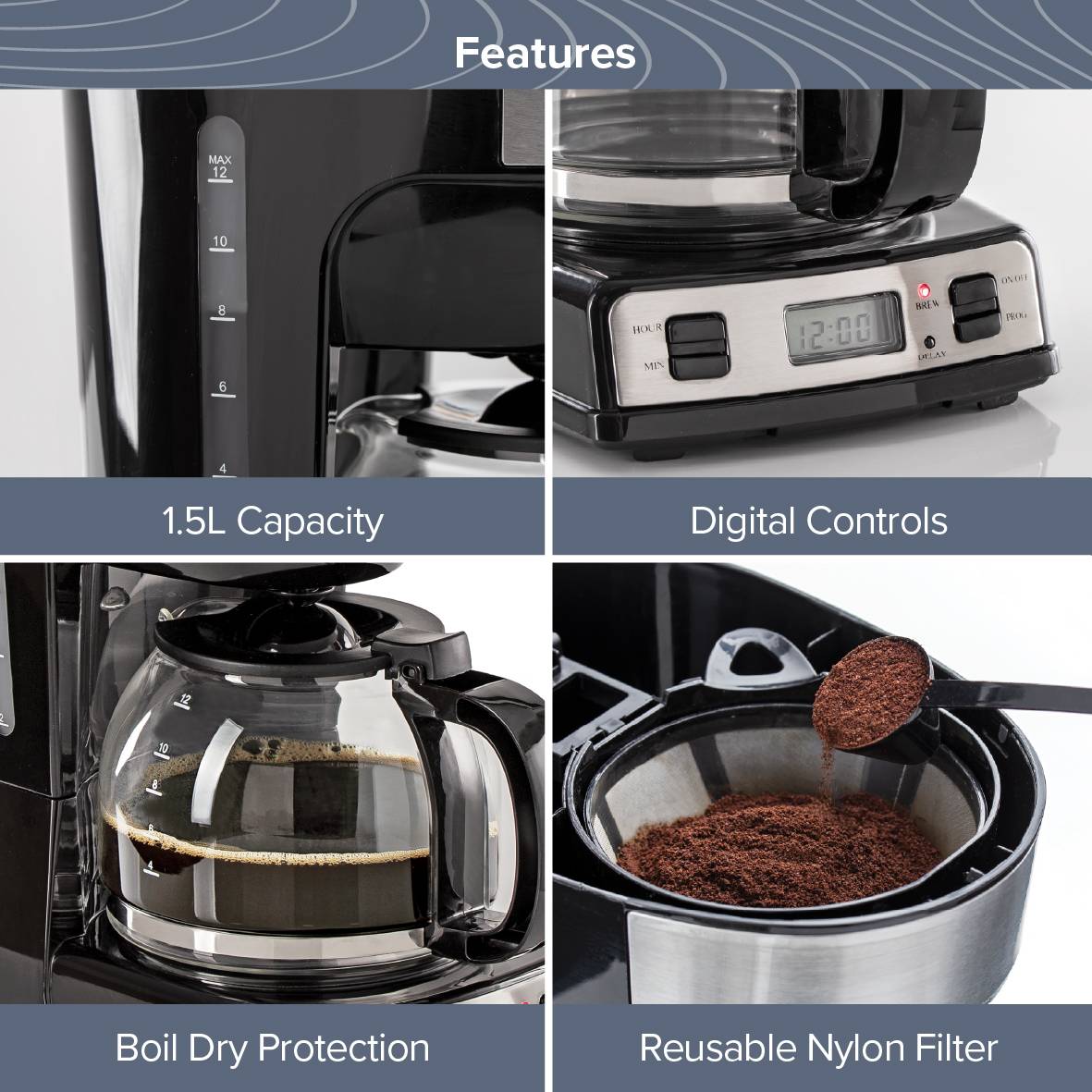 Quest Digital Coffee Machine With 1.5L Jug  900W - Black - Image 3