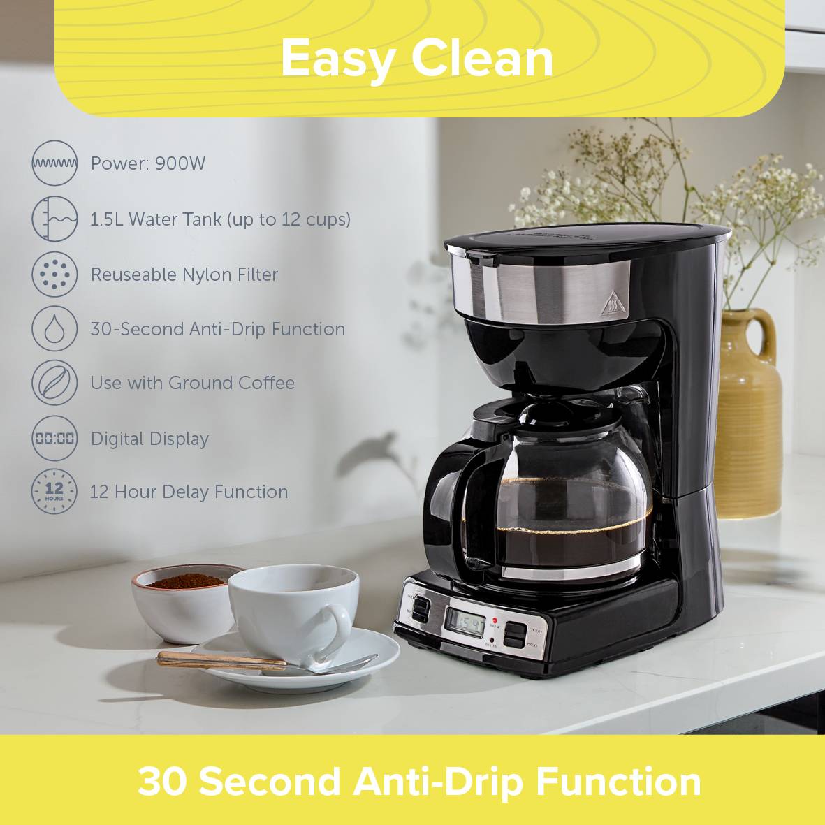 Quest Digital Coffee Machine With 1.5L Jug  900W - Black - Image 6