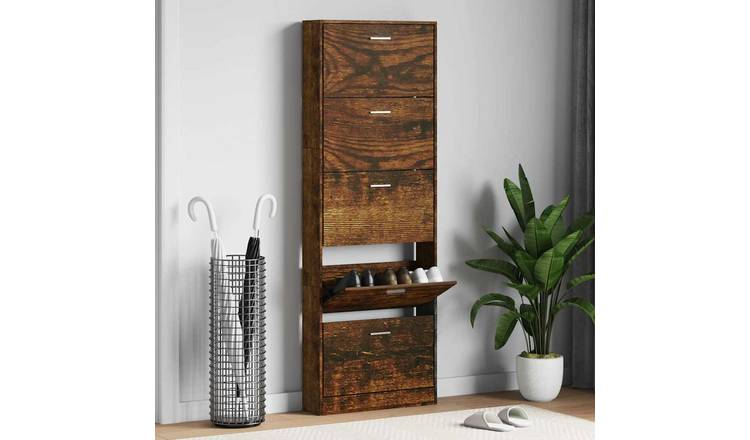 Walplus Engineered Wood Shoe Cabinet - Smoked Oak - 59 x 17 x 169 cm