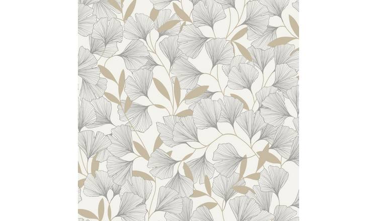 Grandeco Gingko Leaf Textured Metallic Wallpaper - White Gold
