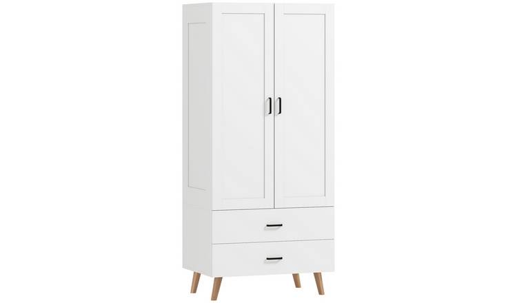 HOMCOM 2 Door Wardrobe with 2 Drawers and Hanging Rail - White