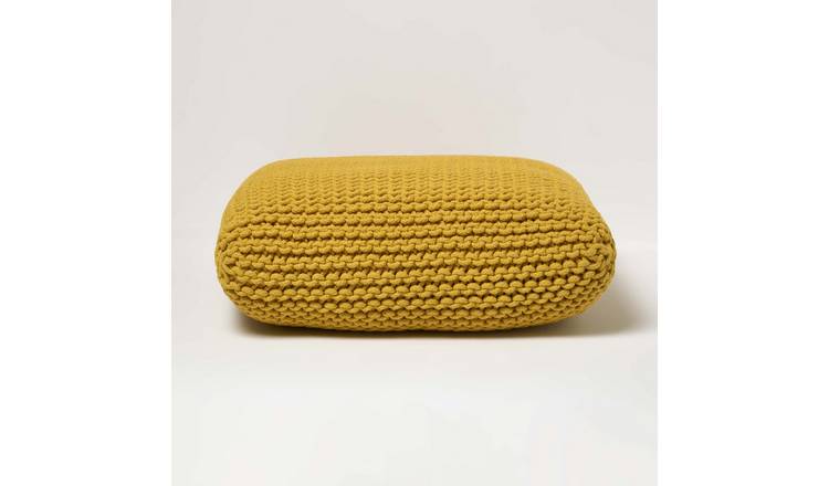 Homescapes Square Cotton Knitted Pouffe Floor Cushion – Yellow