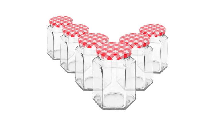 Argon Tableware Hexagonal Glass Jam Jars with Red Gingham Lids- Set of 6