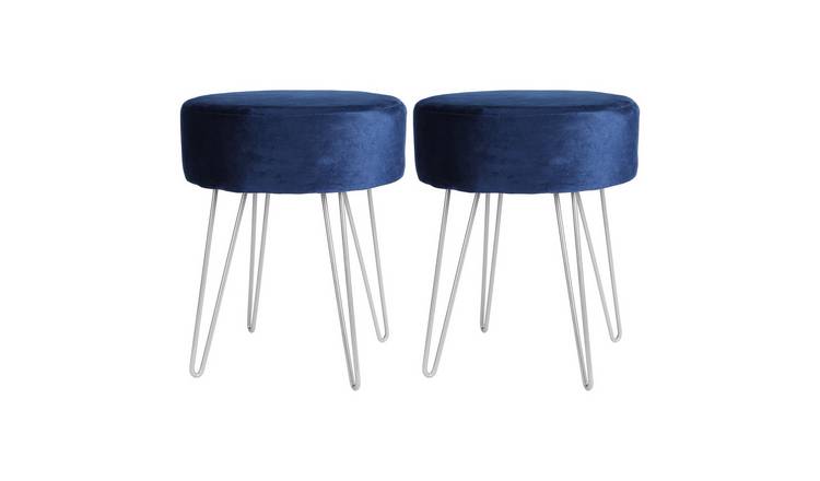 Harbour Housewares Round Velvet Footstool with Silver Legs Pack of 2 - Blue