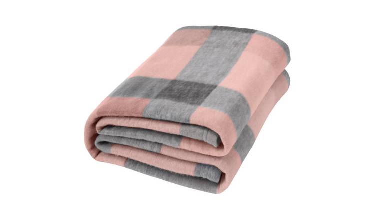 OHS Polar Fleece Winter Check Blanket Throw 120 x 150cm - Blush