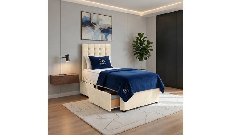 DS Living Casia Single 2 Drawer Velvet Divan Bed Frame - Cream