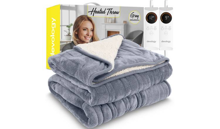 Devology Grey Shearling Electric Blanket Throw 6 Settings - King
