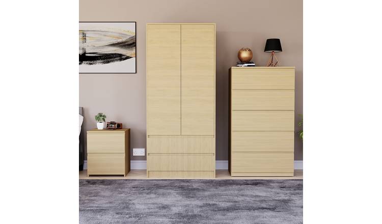 Vida Designs Denver Bedroom Set (Bedside, 5 Drawer Chest, 2x2 Wardrobe) - Pine