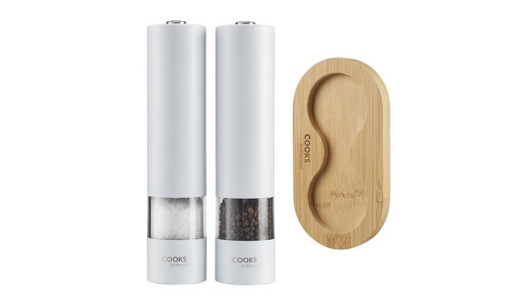 Cooks Professional Electric Salt and Pepper Mill Set with Base - White