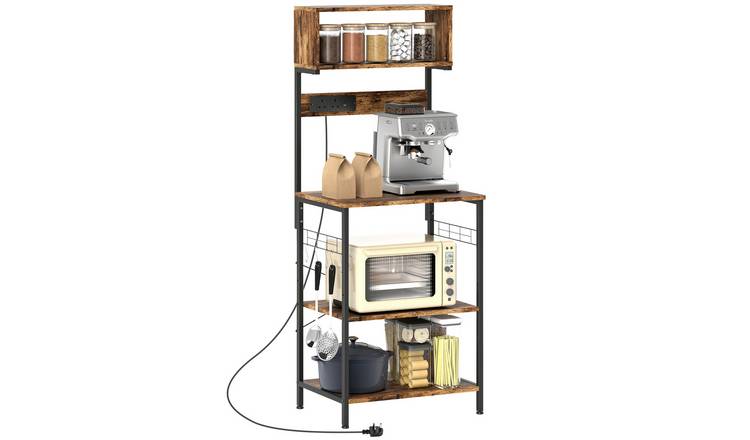 HOMCOM 4 Shelf Steel Power Outlet Kitchen Storage Rack – Rustic Brown