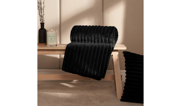 OHS Faux Fur Thick Rib Blanket Throw 200 x 240cm - Black
