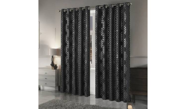 New Edge Blinds Black Geo Sparkle Blackout Eyelet Curtains - 167cm x 183cm