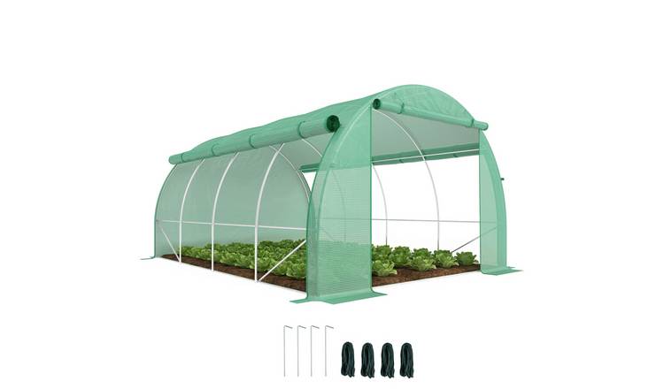 Outsunny Steel Garden Tunnel Greenhouse with Roll Up Side Walls - Green