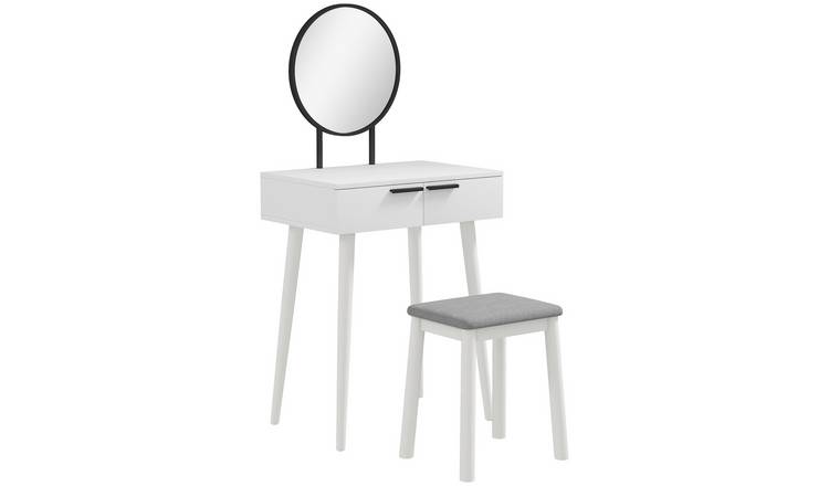 HOMCOM Modern 2 Drawers Dressing Table with Round Mirror and Stool - White