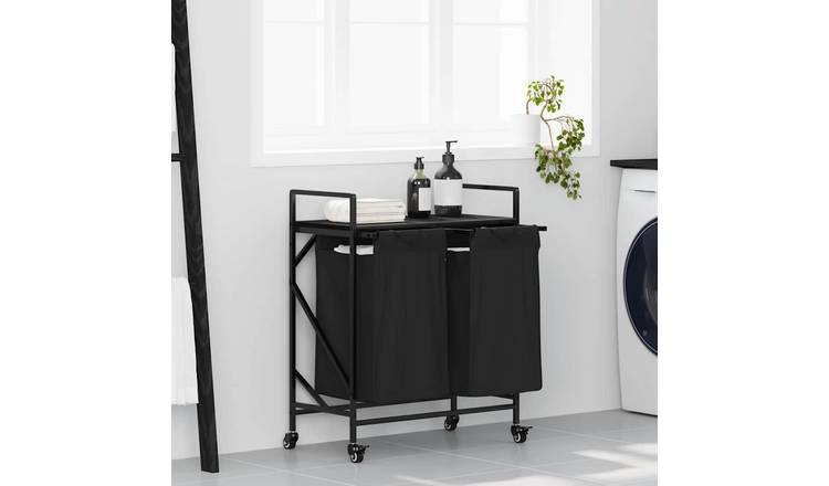 Walplus Laundry Basket 2 Compartments with Wheels - Black - 67 x 33 x 82 cm