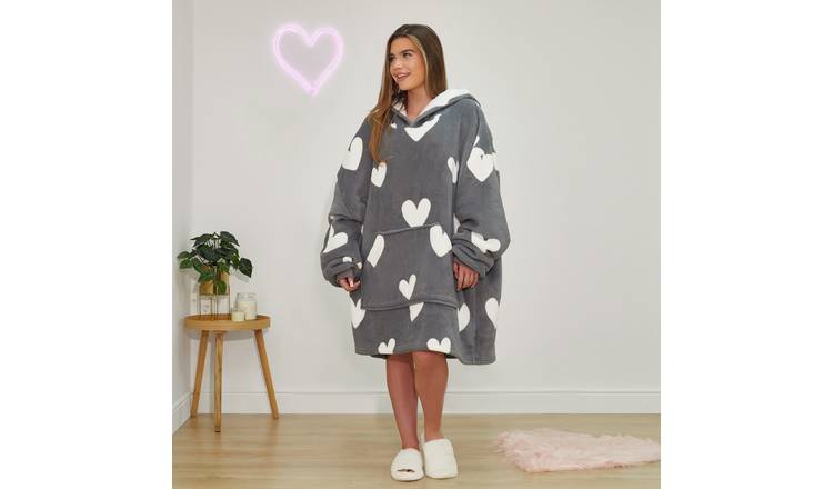 OHS Heart Print Hoodie Blanket - One Size - Charcoal