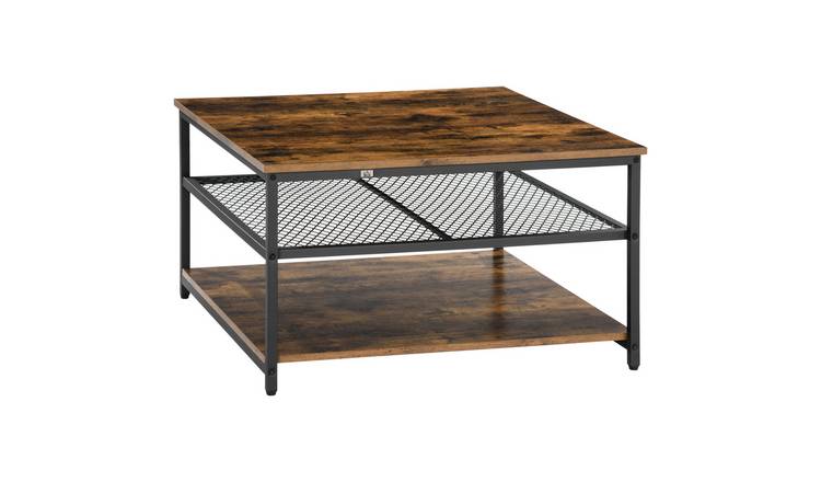 HOMCOM 3 Tier Coffee Table with Storage Shelves - Rustic Brown