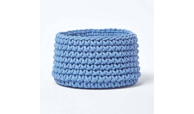 Homescapes Cotton Knitted Round Storage Basket - 37 × 21 cm - Blue