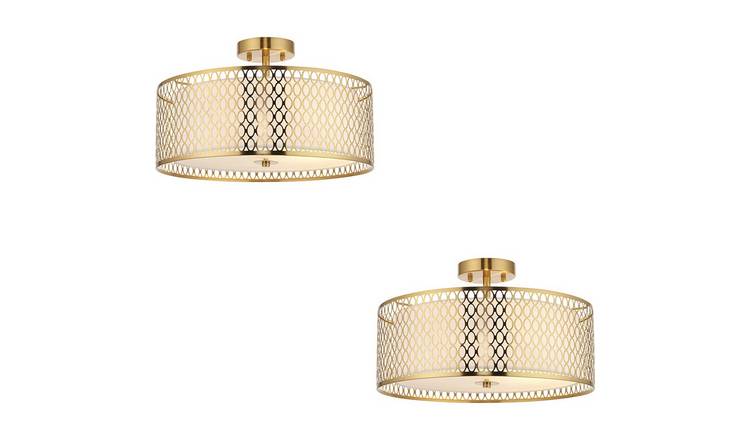 Loops Direct Set of 2 Fabric Glass Semi Flush Ceiling Light - Gold Effect