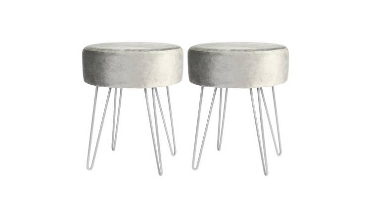 Harbour Housewares Round Velvet Footstools - Grey/Silver - Pack of 2