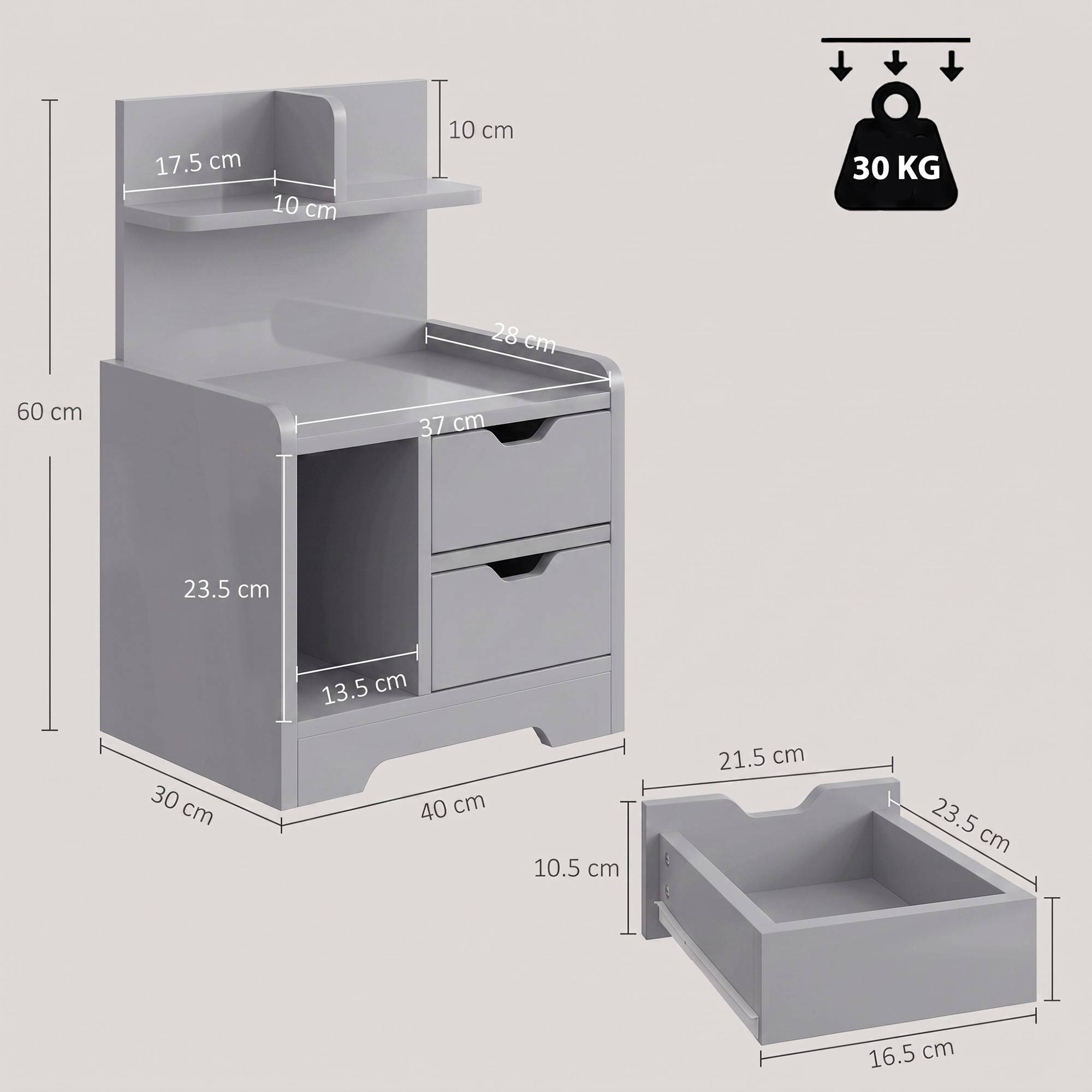HOMCOM 30cm 2 Drawer Shelved Bedside Table – Grey - Image 7