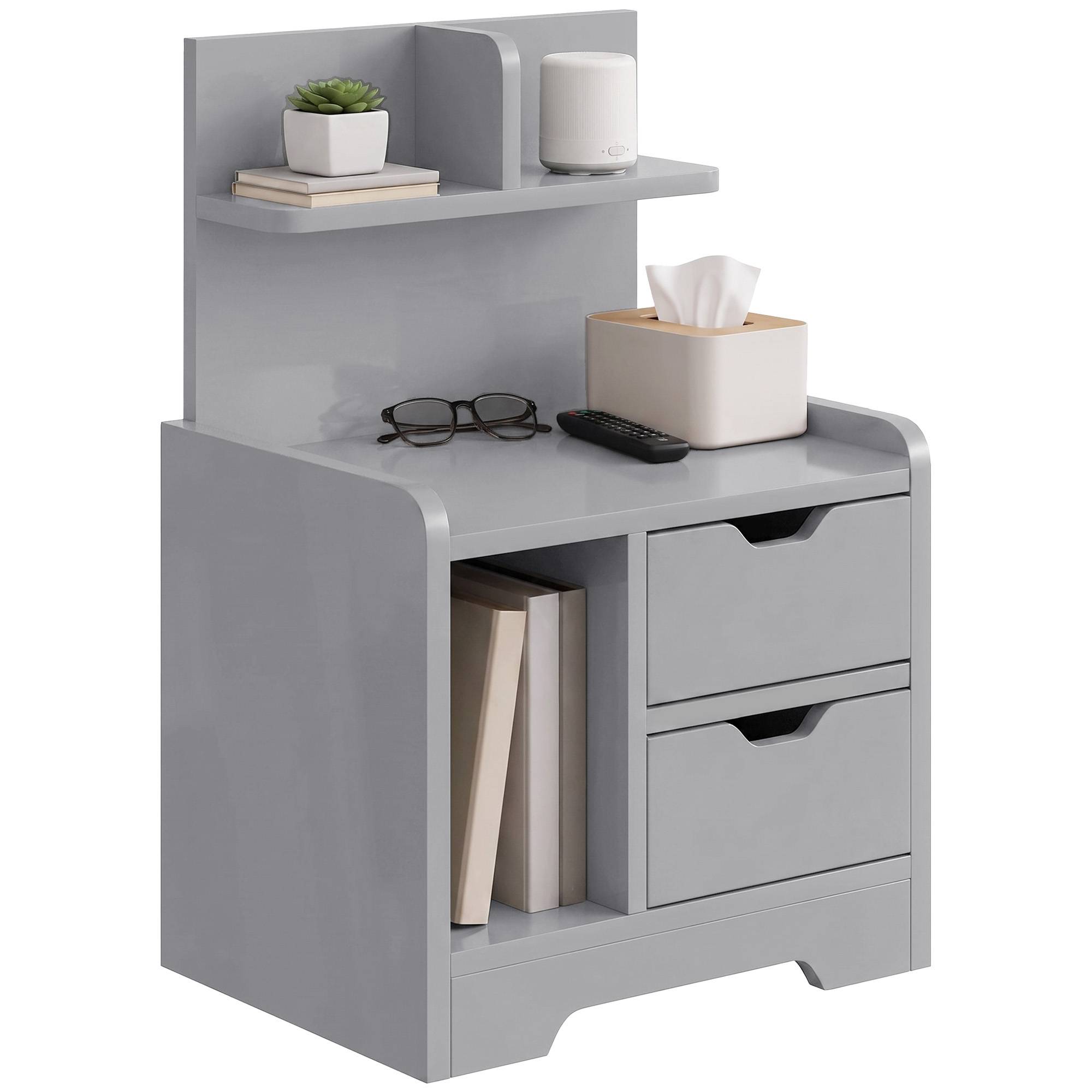 HOMCOM 30cm 2 Drawer Shelved Bedside Table – Grey - Image 1