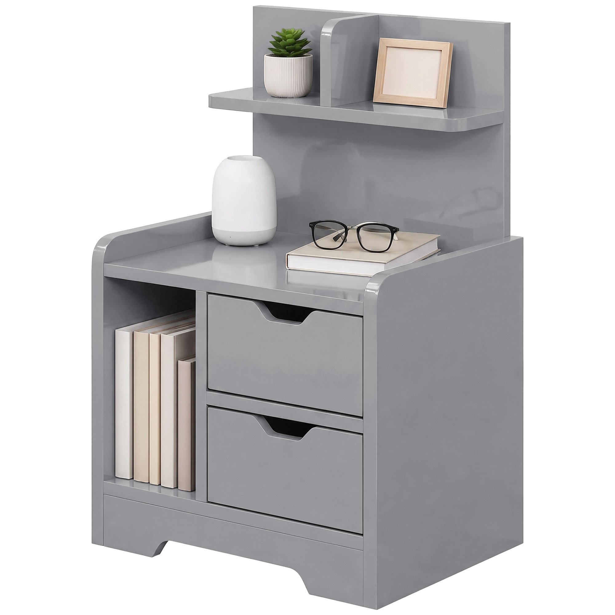 HOMCOM 30cm 2 Drawer Shelved Bedside Table – Grey - Image 2