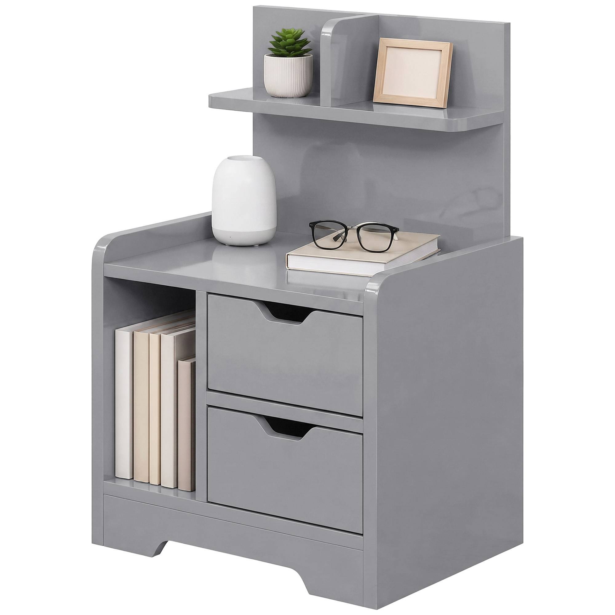 HOMCOM 30cm 2 Drawer Shelved Bedside Table – Grey - Image 2