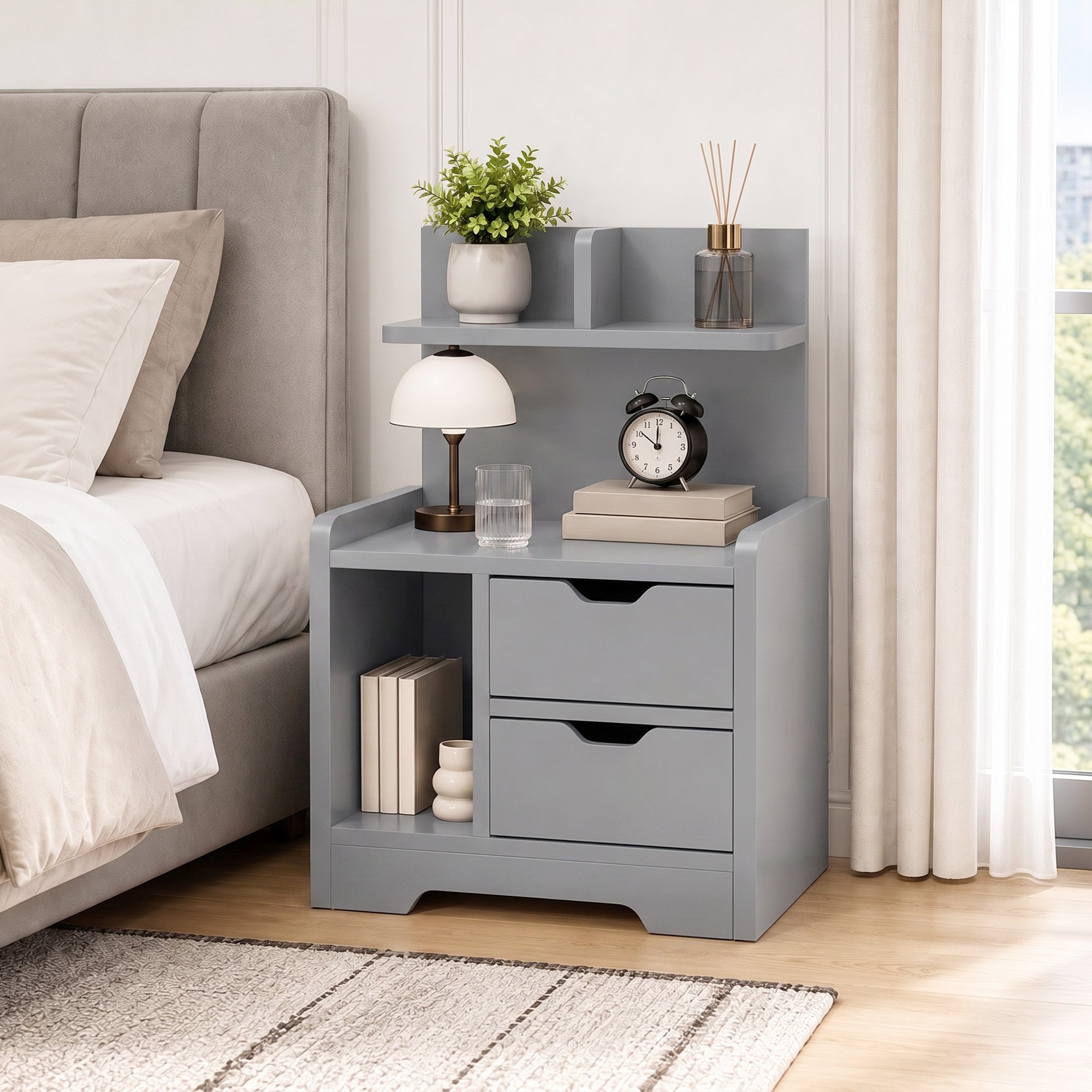 HOMCOM 30cm 2 Drawer Shelved Bedside Table – Grey - Image 3
