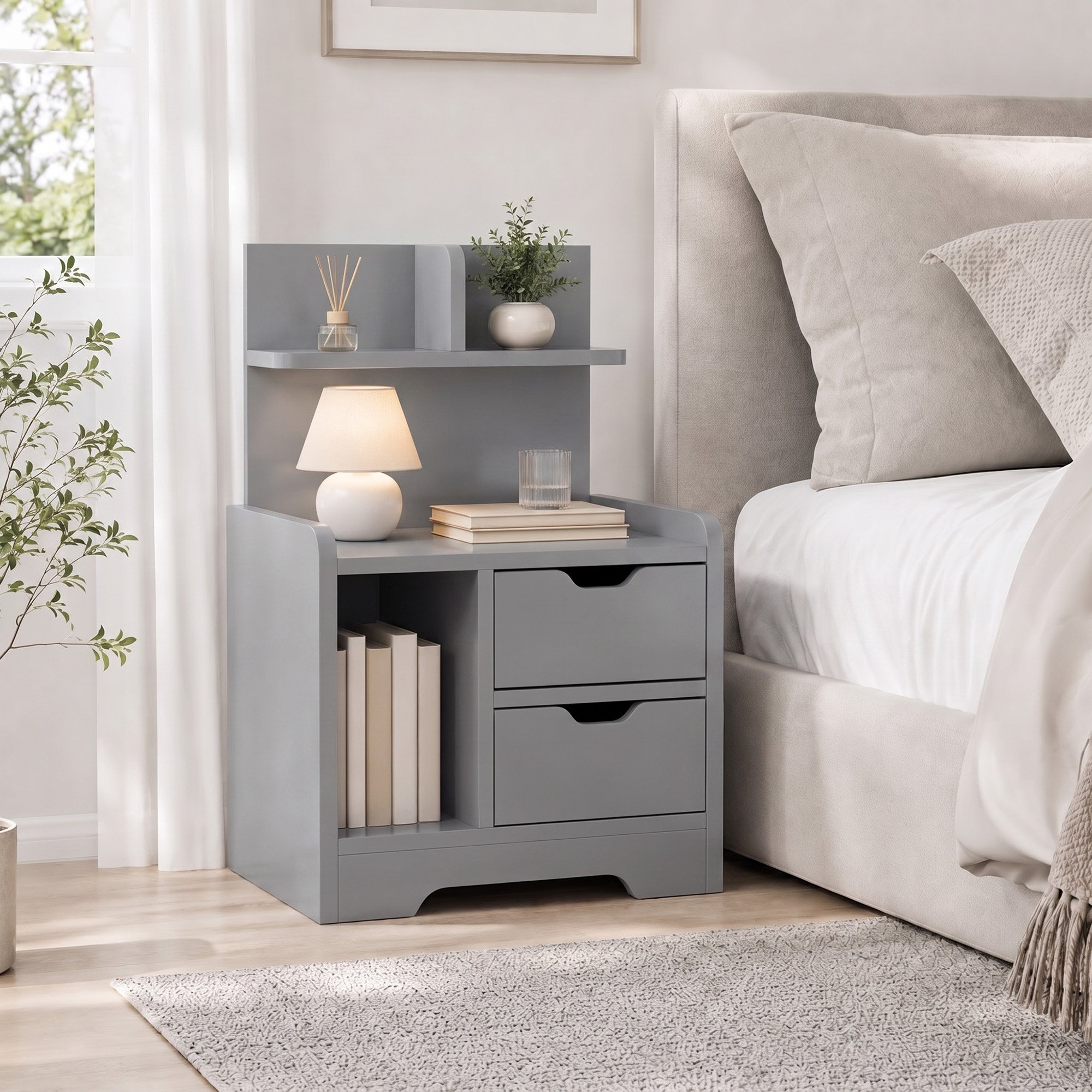 HOMCOM 30cm 2 Drawer Shelved Bedside Table – Grey - Image 4