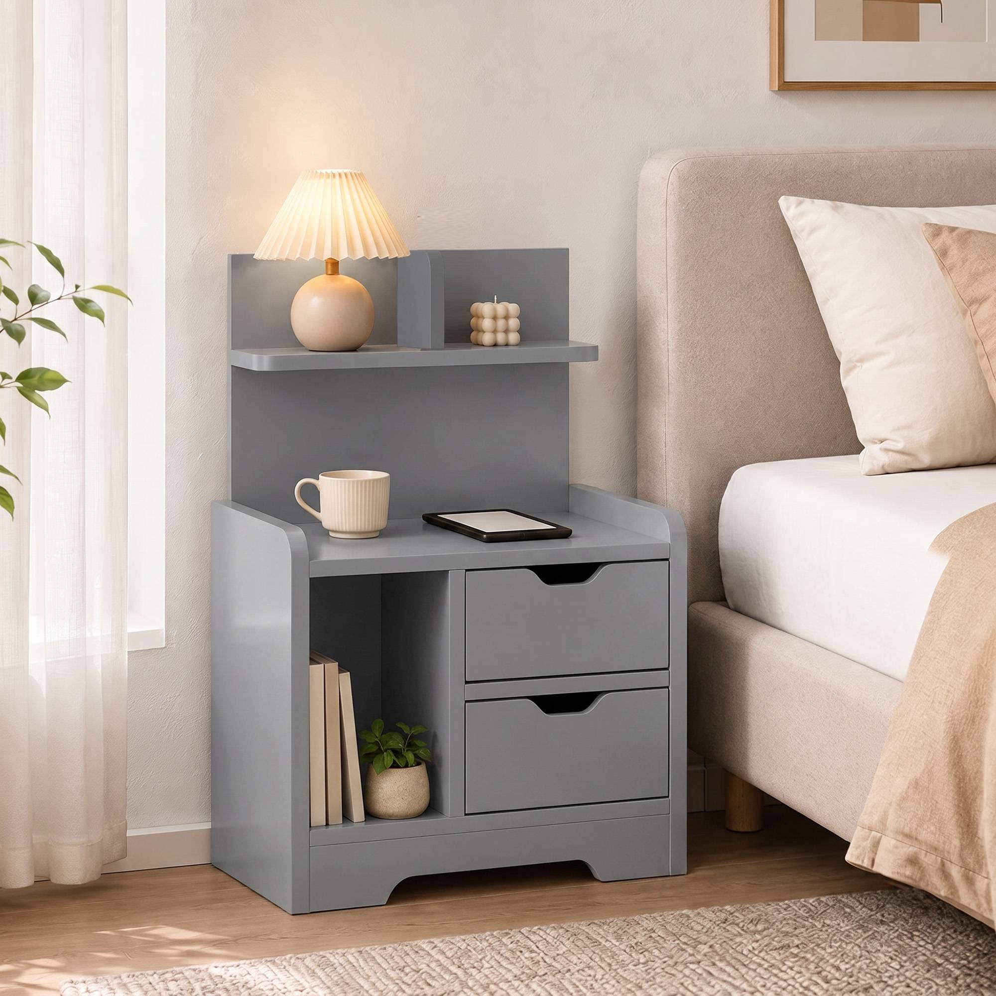 HOMCOM 30cm 2 Drawer Shelved Bedside Table – Grey - Image 5