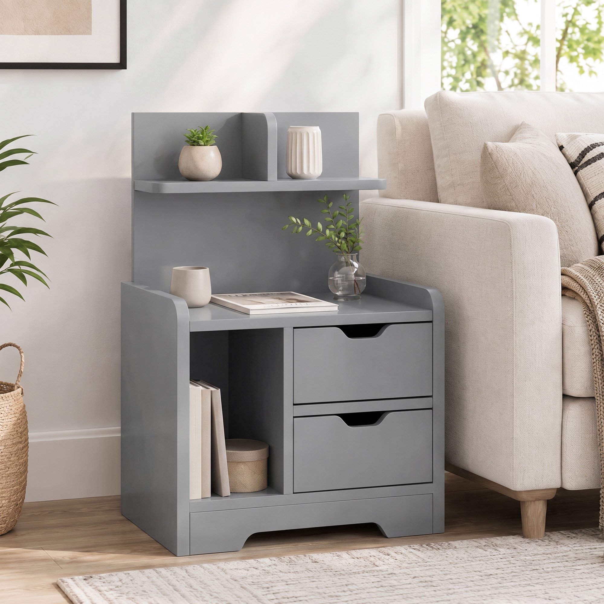 HOMCOM 30cm 2 Drawer Shelved Bedside Table – Grey - Image 6