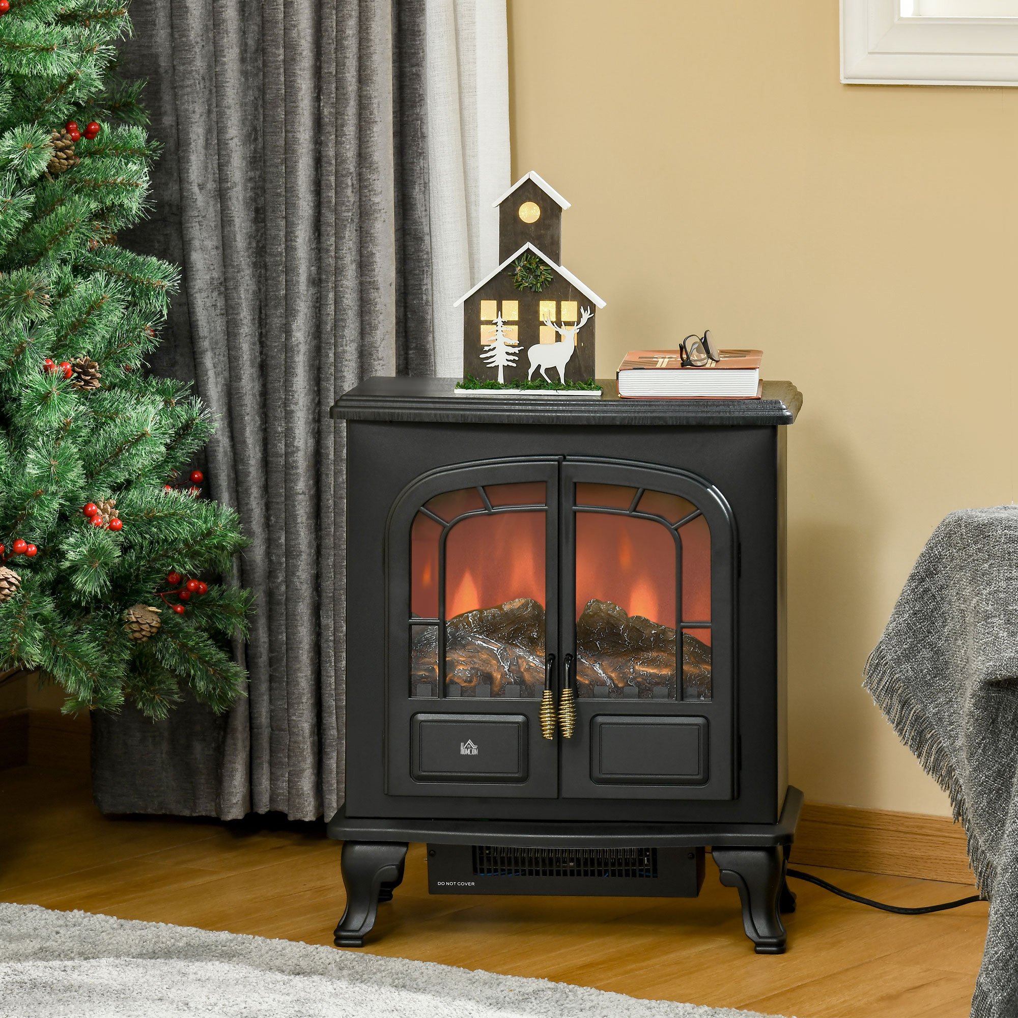 HOMCOM Freestanding LED Electric Fireplace with Double Door - Black - Image 6