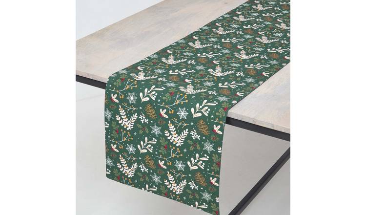 Homescapes Cotton Christmas Festive Forest Table Runner - 35 x 250 cm - Green