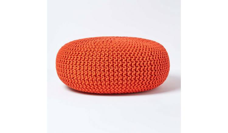 Homescapes Large Round Cotton Knitted Pouffe Footstool – Burnt Orange