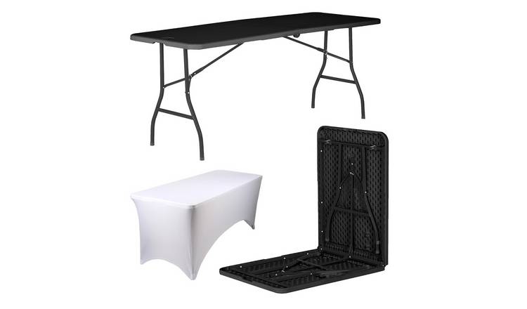 Harbour Housewares Folding Table with Fitted Tablecloth - Black/White