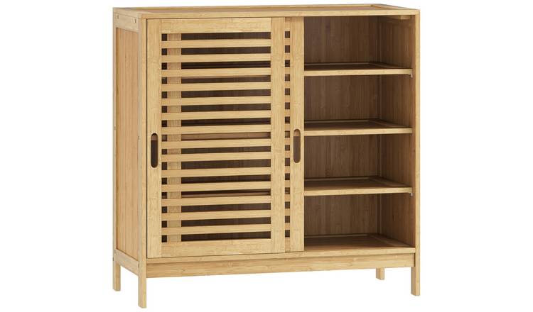HOMCOM Bamboo Shoe Cabinet with 2 Sliding Slat Doors - Natural