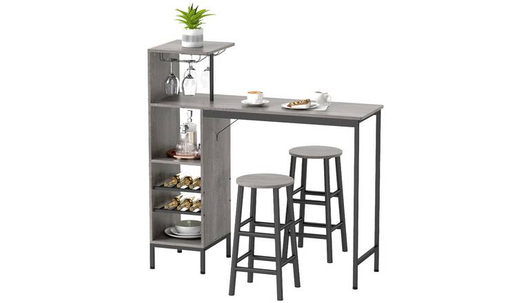 HOMCOM 3 Piece Bar Table and Stools with Storage Shelves - Natural Wood