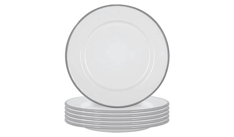 Argon Tableware White Enamel Dinner Plates - Grey - Pack of 6