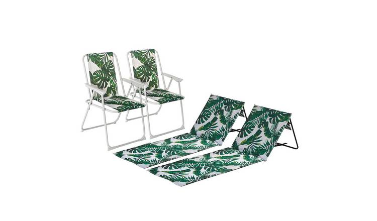 Harbour Housewares 4 Piece Folding Beach Set - Banana Leaf - Lounger and Chair