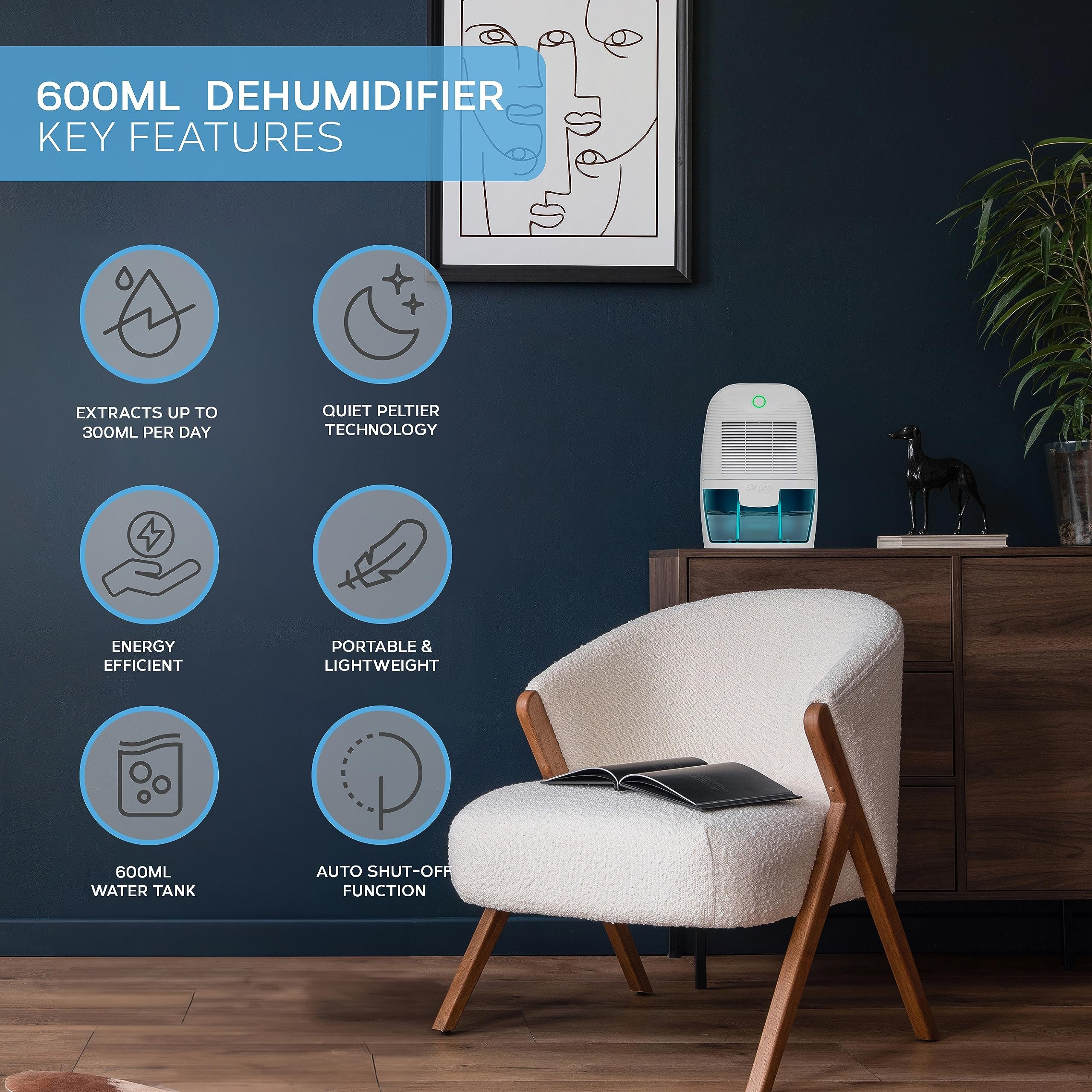 Air Pro 600ml Mini Dehumidifier Portable with Mould & Damp Remover - Turquoise - Image 2