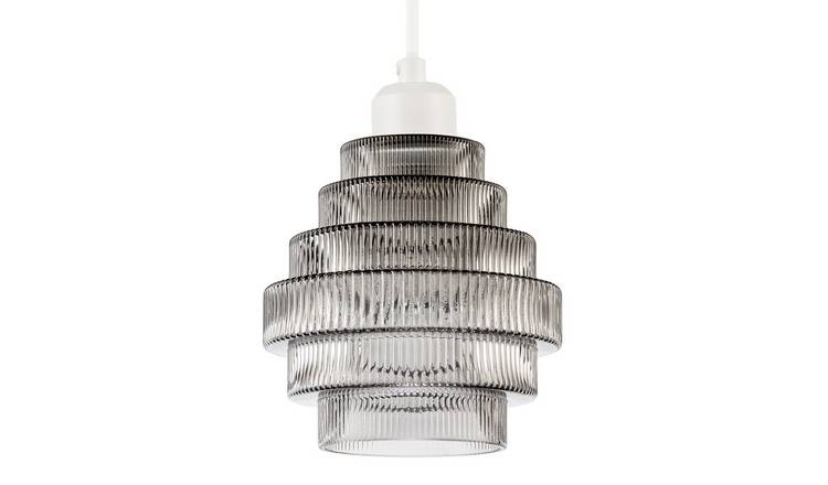 Happy Homewares Grey Tiered Stepped Smoked Ribbed Glass Pendant Shade - 15cm