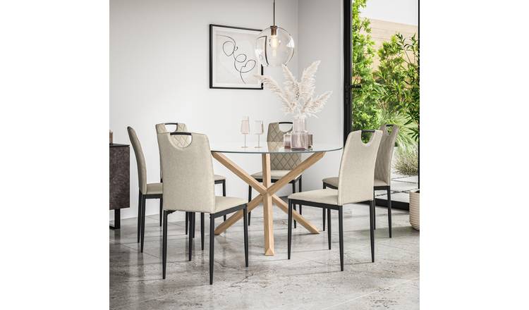 Furniture Online Malvern Monza Glass Top Dining Table & 6 Beige Chairs