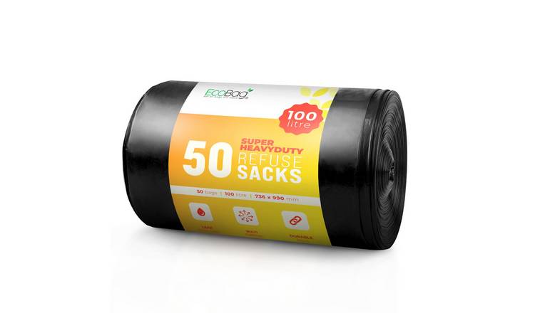 EcoBag Black 100L 35 Micron Super Heavy Duty Bin Bags - Pack of 50