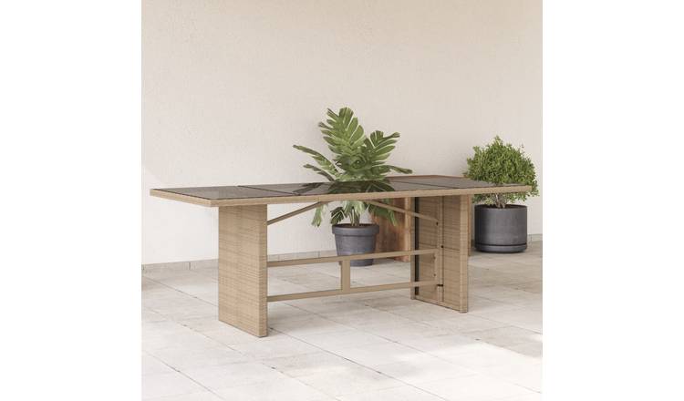 Walplus Poly Rattan Garden Table with Glass Top - Beige - 190 x 80 x 74 cm